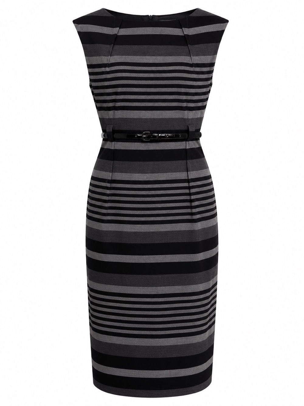 Calvin Klein Black and Gray Striped Midi Sheath Dress with Belt